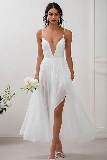 Simple White Spaghetti Straps Chiffon Engagement Dress